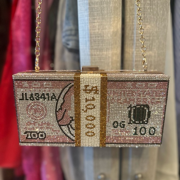 Women’s stack of cash evening bag crystal rhinestone clutch/shoulder bag. - Picture 6 of 8